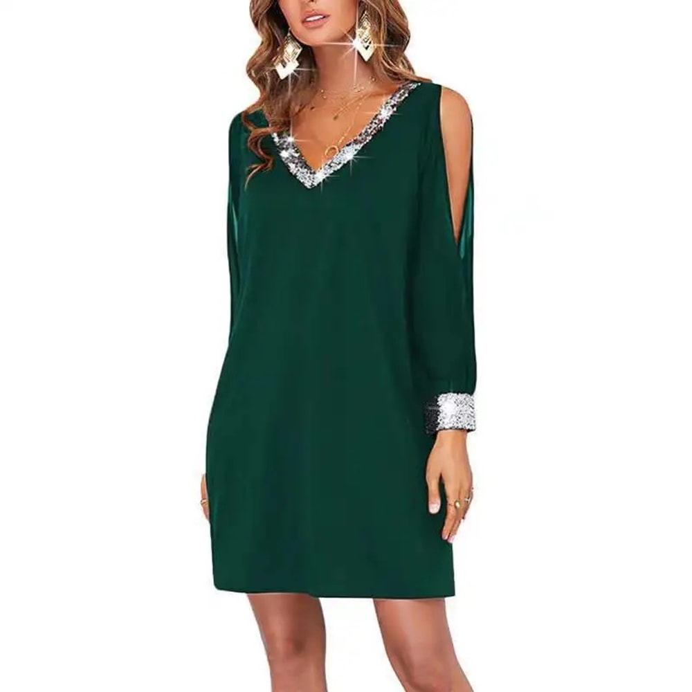 Women's Casual Fashion Deep V-Neck Sequin Splice Dress, Shoulder Bared, Pure Color, Cross-Border Style