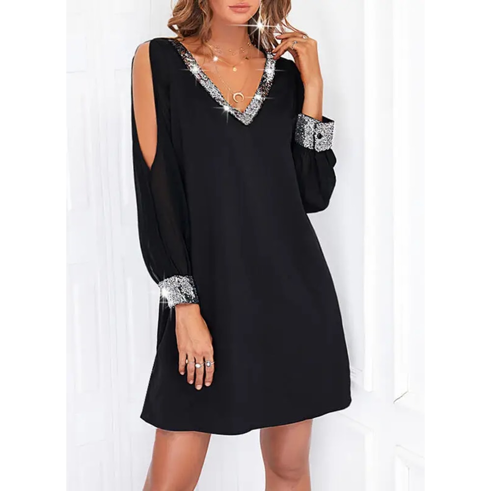 Women's Casual Fashion Deep V-Neck Sequin Splice Dress, Shoulder Bared, Pure Color, Cross-Border Style