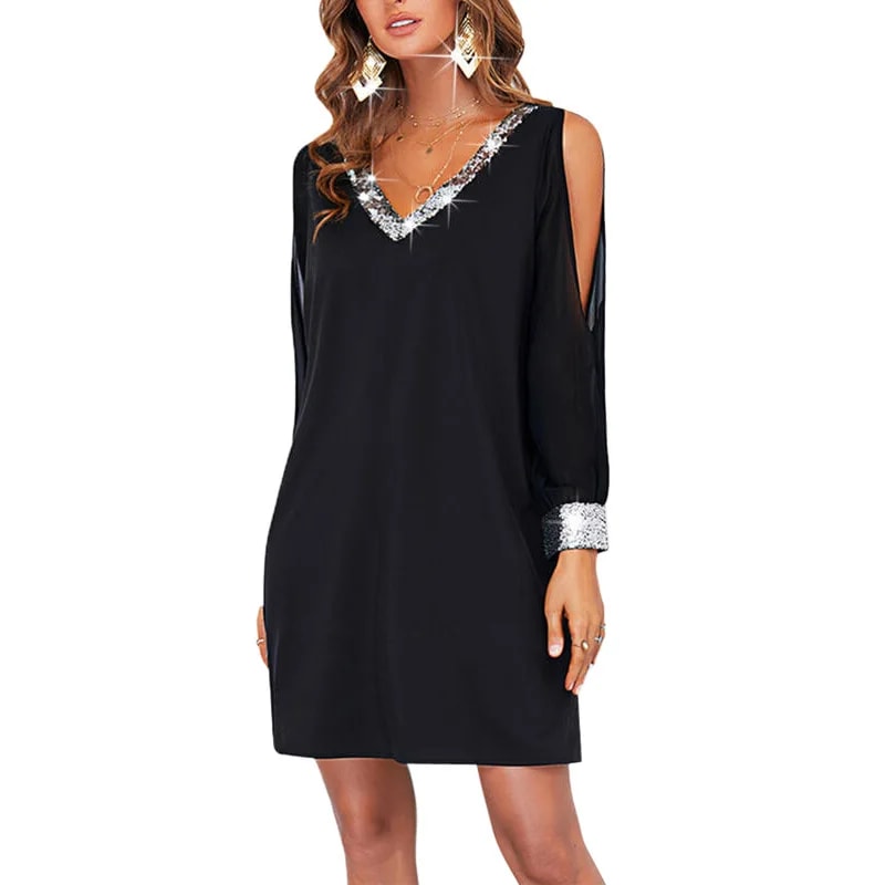 Women's Casual Fashion Deep V-Neck Sequin Splice Dress, Shoulder Bared, Pure Color, Cross-Border Style