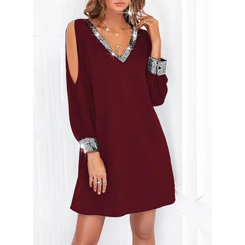 Women's Casual Fashion Deep V-Neck Sequin Splice Dress, Shoulder Bared, Pure Color, Cross-Border Style