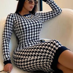 houndstooth print women long sleeve midi dress, hollow out bodycon sexy streetwear for autumn winter club, elegant slim