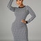 Houndstooth Print Women Long Sleeve Midi Dress, Hollow Out Bodycon Sexy Streetwear for Autumn Winter Club, Elegant Slim