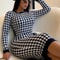 Houndstooth Print Women Long Sleeve Midi Dress, Hollow Out Bodycon Sexy Streetwear for Autumn Winter Club, Elegant Slim