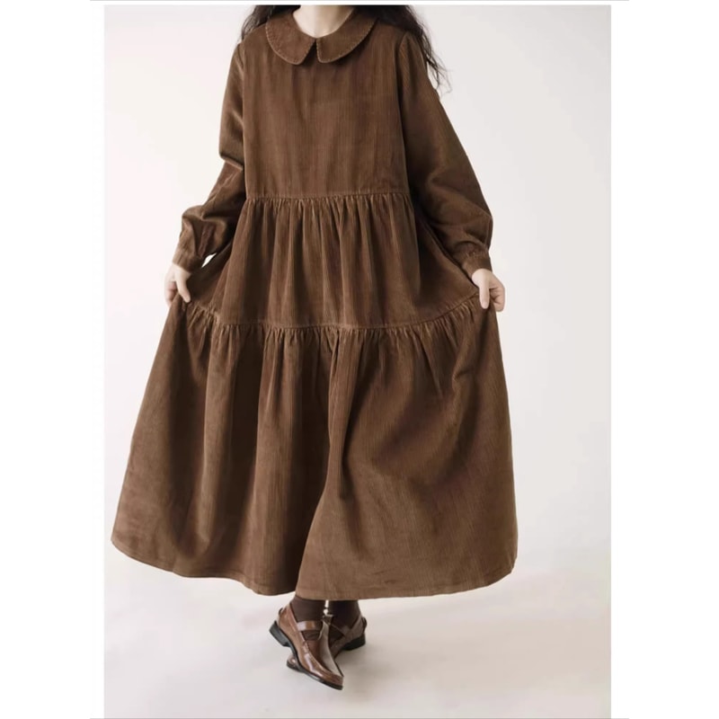 Casual Dresses Fashion Female Vestidos, Long Sleeve A-line Autumn Winter Corduroy Dress
