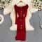 Ins Fashion Women Christmas Red Party Dress High Waist Off Shoulders Long Sleeve Front Split Knitte 1