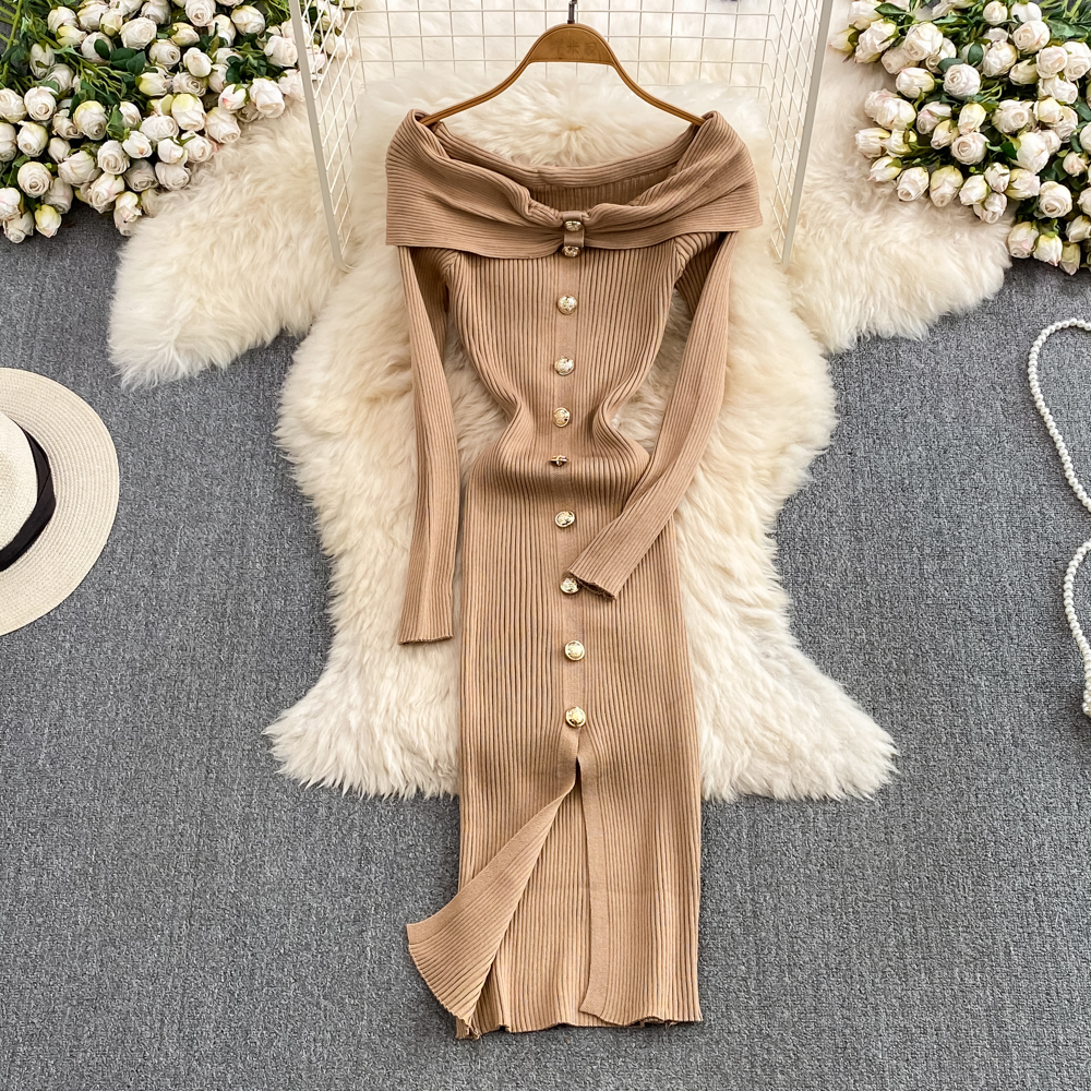 Ins Fashion Women Christmas Red Party Dress High Waist Off Shoulders Long Sleeve Front Split Knitte 0