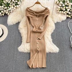 ins fashion women christmas red party dress, high waist off shoulders, long sleeve, front split knitted bodycon robe