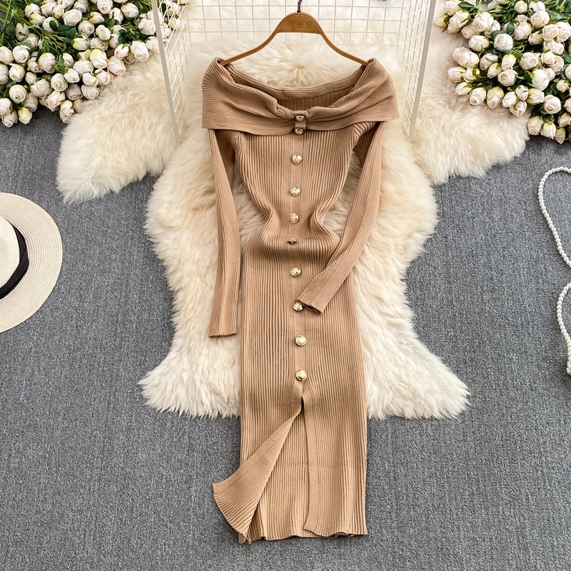 Ins Fashion Women Christmas Red Party Dress High Waist Off Shoulders Long Sleeve Front Split Knitte 0