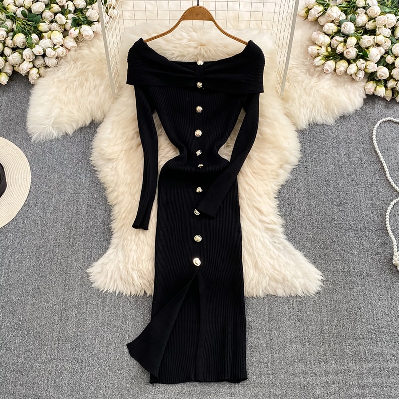 Ins Fashion Women Christmas Red Party Dress High Waist Off Shoulders Long Sleeve Front Split Knitte 2