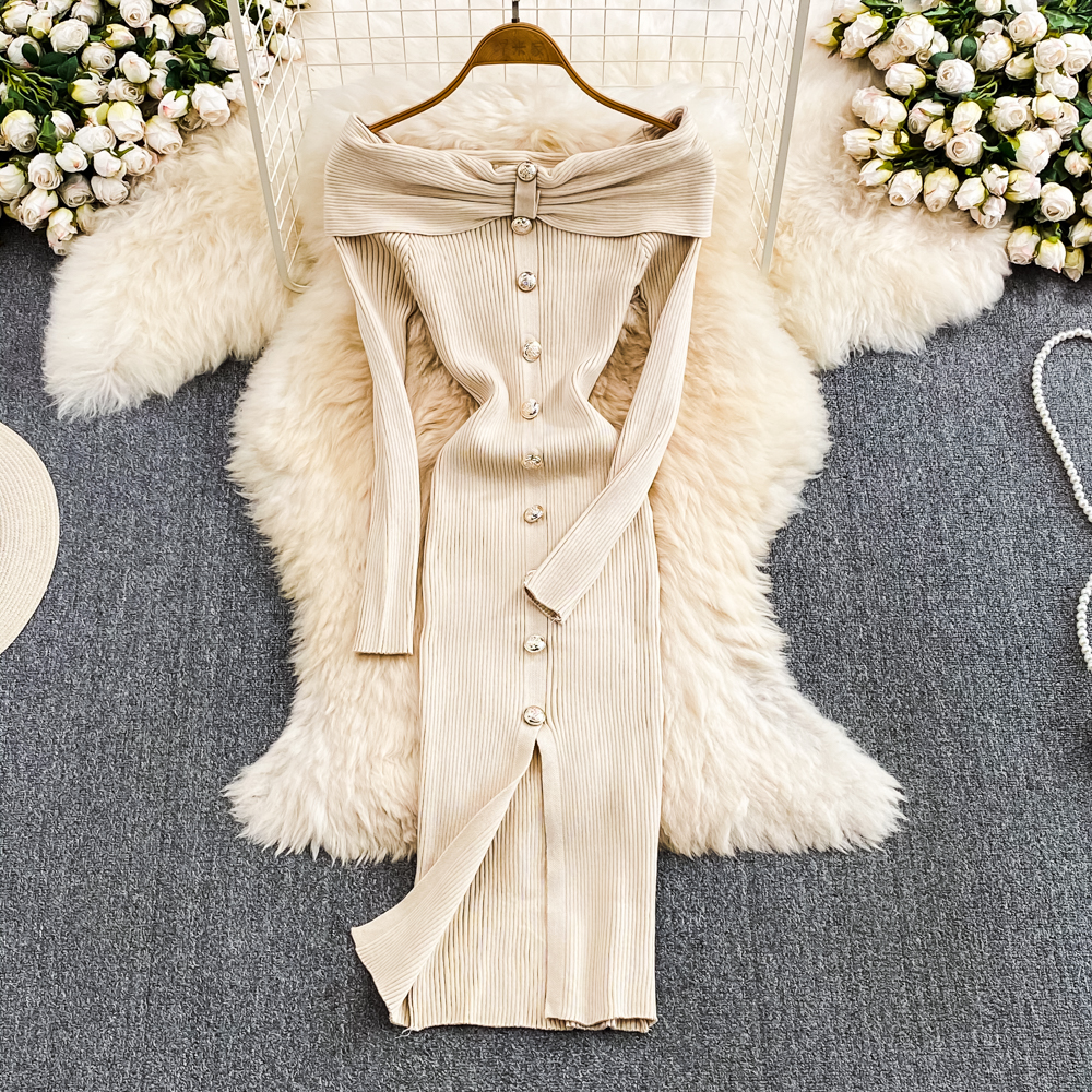 Ins Fashion Women Christmas Red Party Dress High Waist Off Shoulders Long Sleeve Front Split Knitte 9