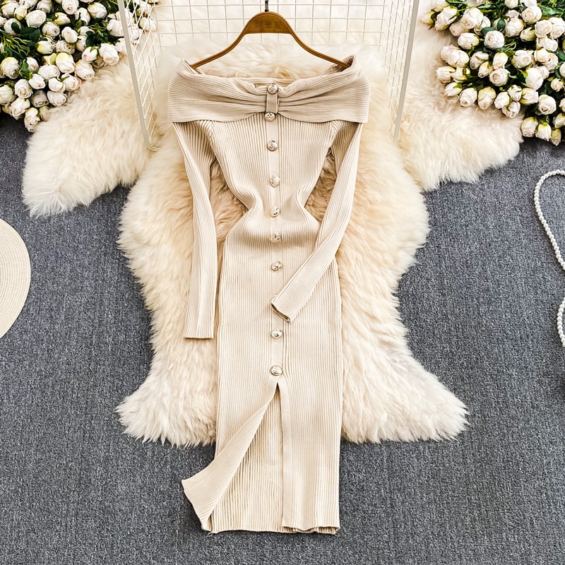 Ins Fashion Women Christmas Red Party Dress High Waist Off Shoulders Long Sleeve Front Split Knitte 9