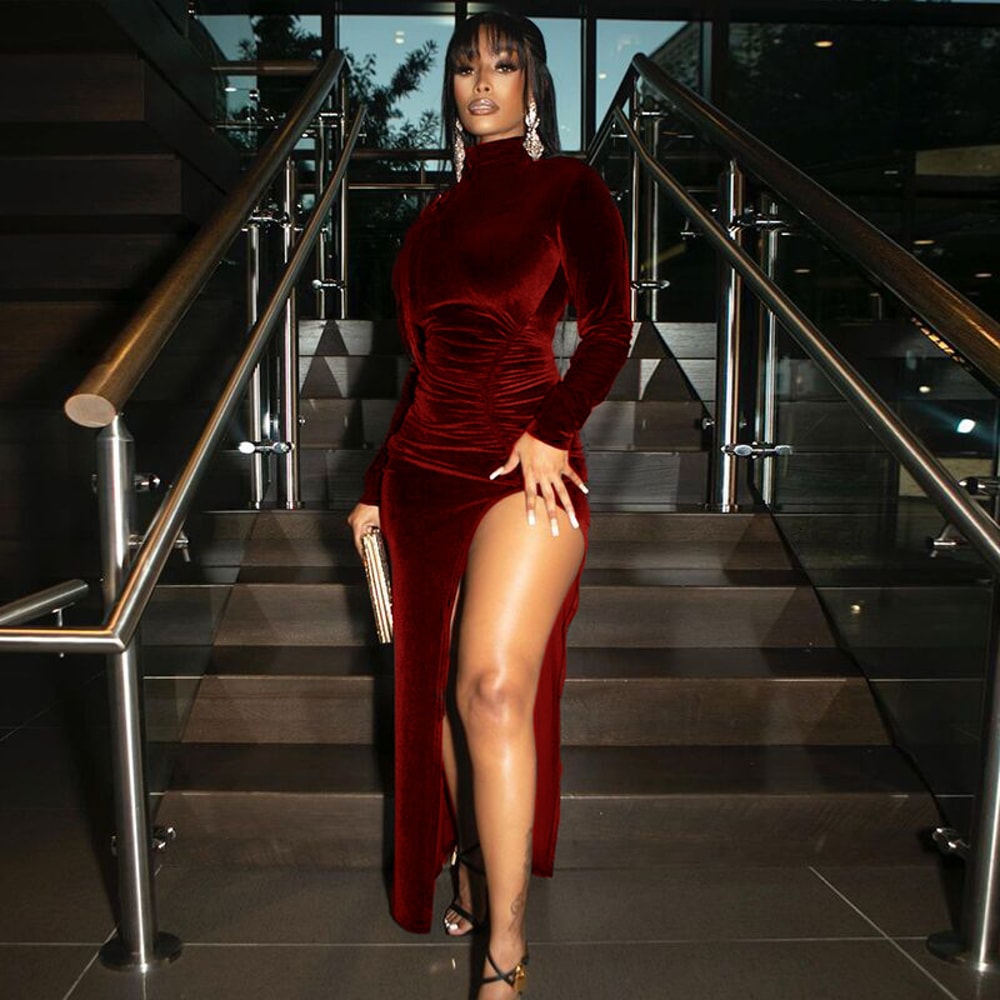 Autumn Winter Women Solid Velvet Long Sleeve Bodycon Dress, Sexy Ruched Midi Dress with Side Slit for Party and Clubwear