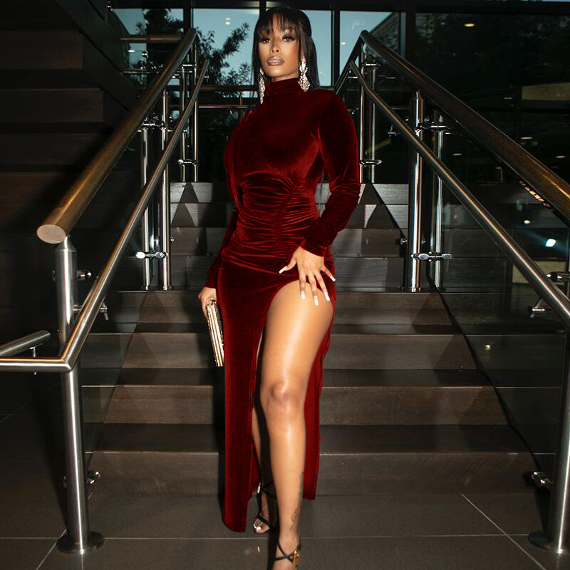 Autumn Winter Women Solid Velvet Long Sleeve Bodycon Dress, Sexy Ruched Midi Dress with Side Slit for Party and Clubwear