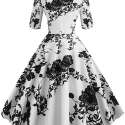 half sleeve black summer women dress, floral print vintage party dresses, casual retro a-line vestidos