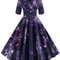 Half Sleeve Black Summer Women Dress Floral Print Vintage Party Dresses Casual Retro ALine Vestidos