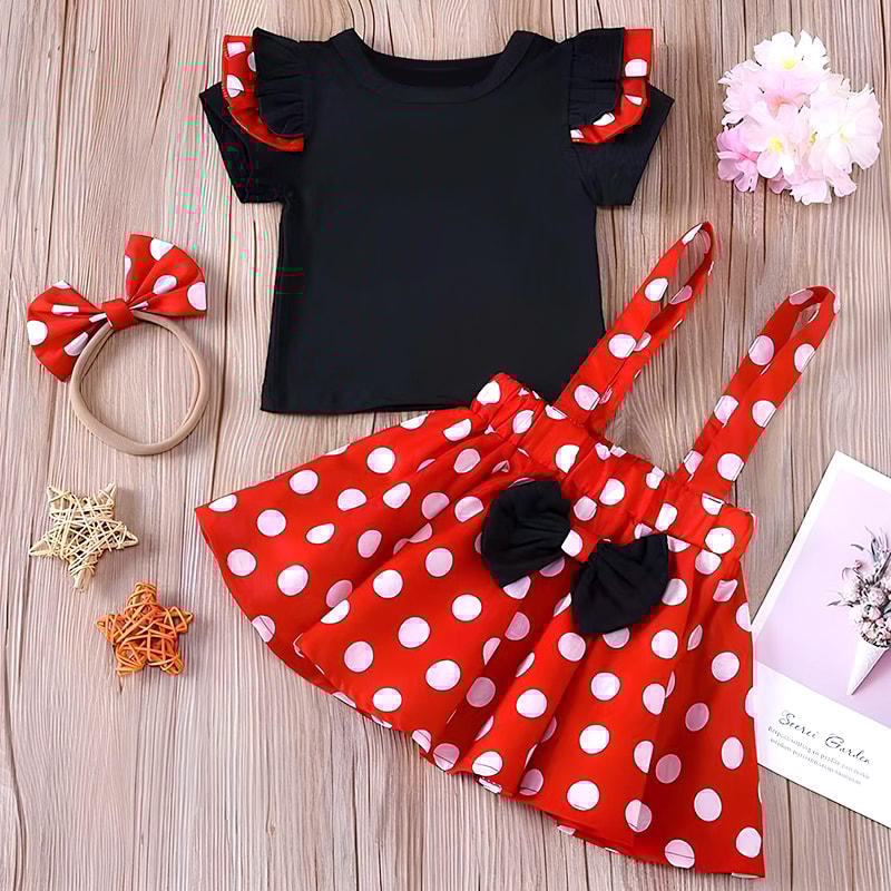 Minnie Mouse Girl Set Summer Birthday Costume Baby Clothing Set With Polka Dot Suspender Skirt And 2