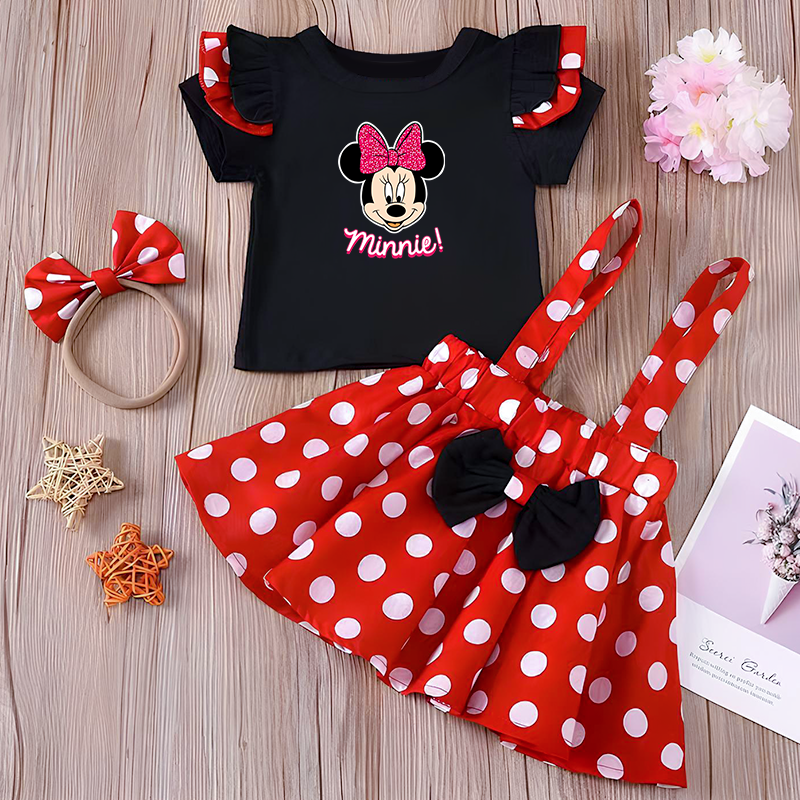 Minnie Mouse Girl Set Summer Birthday Costume Baby Clothing Set With Polka Dot Suspender Skirt And 6