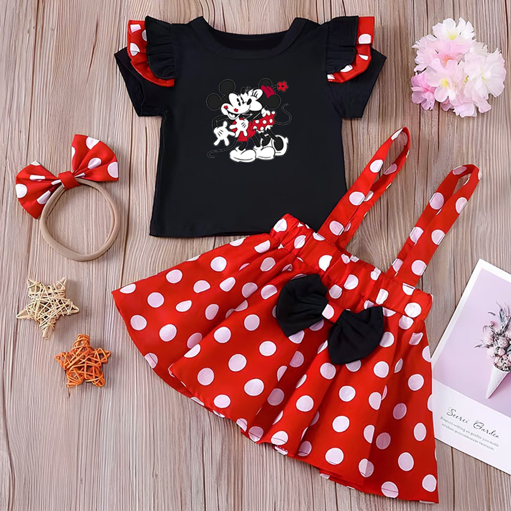 Minnie Mouse Girl Set Summer Birthday Costume Baby Clothing Set With Polka Dot Suspender Skirt And 7