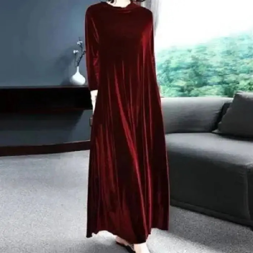 Autumn Spring Elegant Long Sleeve Velvet Dress, Slimming Tummy Covering, Puffy Collar, Princess Sleeve