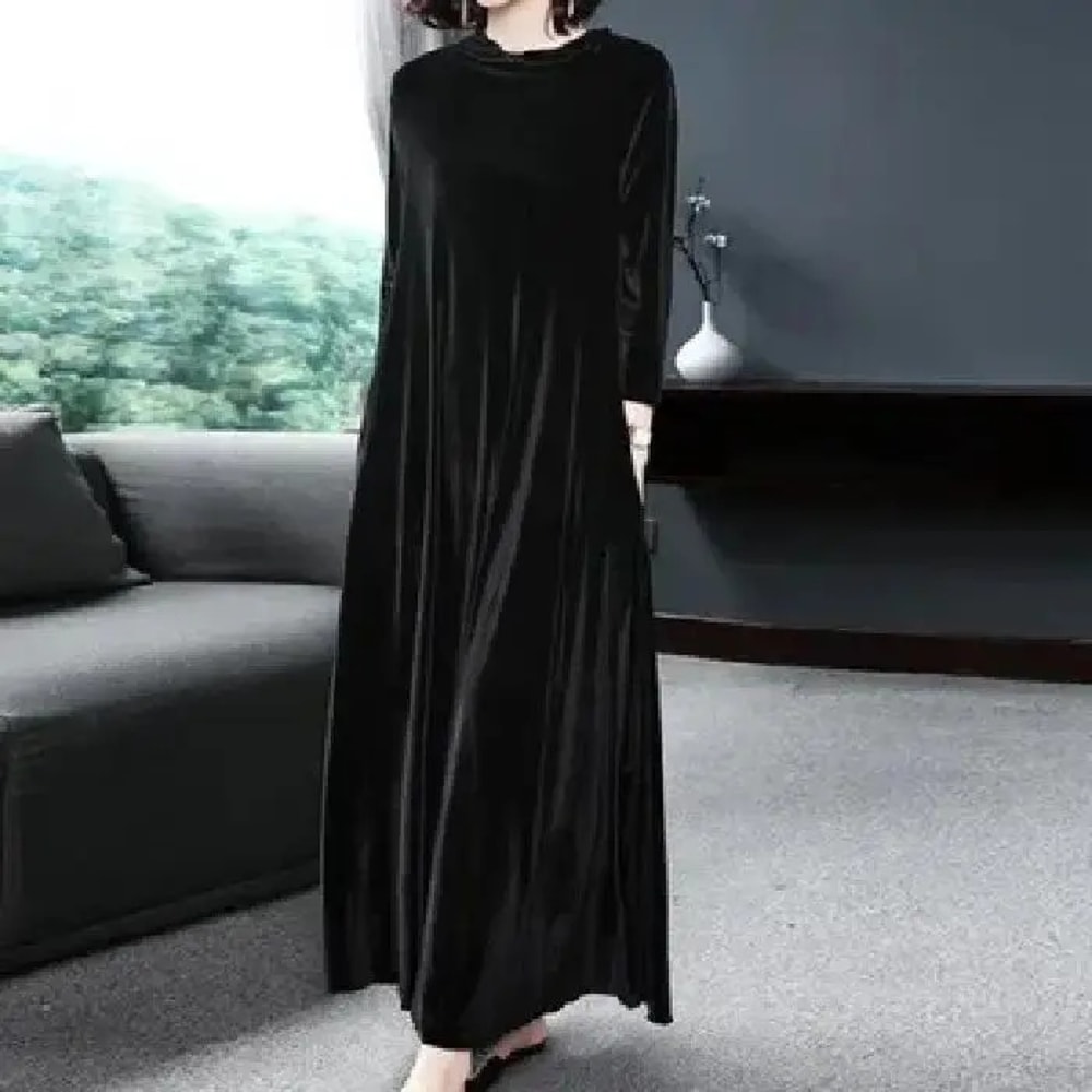 Autumn Spring Elegant Long Sleeve Velvet Dress, Slimming Tummy Covering, Puffy Collar, Princess Sleeve