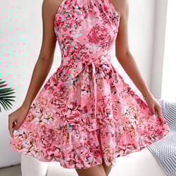 summer vintage boho maxi long dress - women's floral print dress with tie belt, ruffle hem & flared swing style