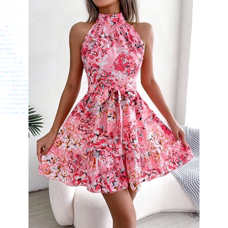 Summer Vintage Boho Maxi Long Dress Womens Floral Print Dress With Tie Belt Ruffle Hem Flared Swi 0