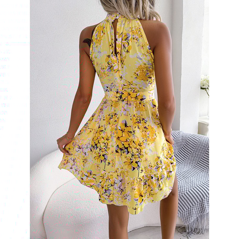 Summer Vintage Boho Maxi Long Dress Womens Floral Print Dress With Tie Belt Ruffle Hem Flared Swi 5