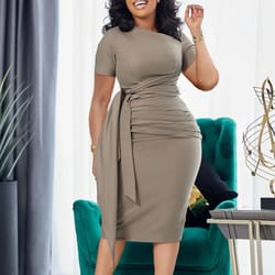 womens elegant pencil midi dress, short sleeve cocktail party dress with belt