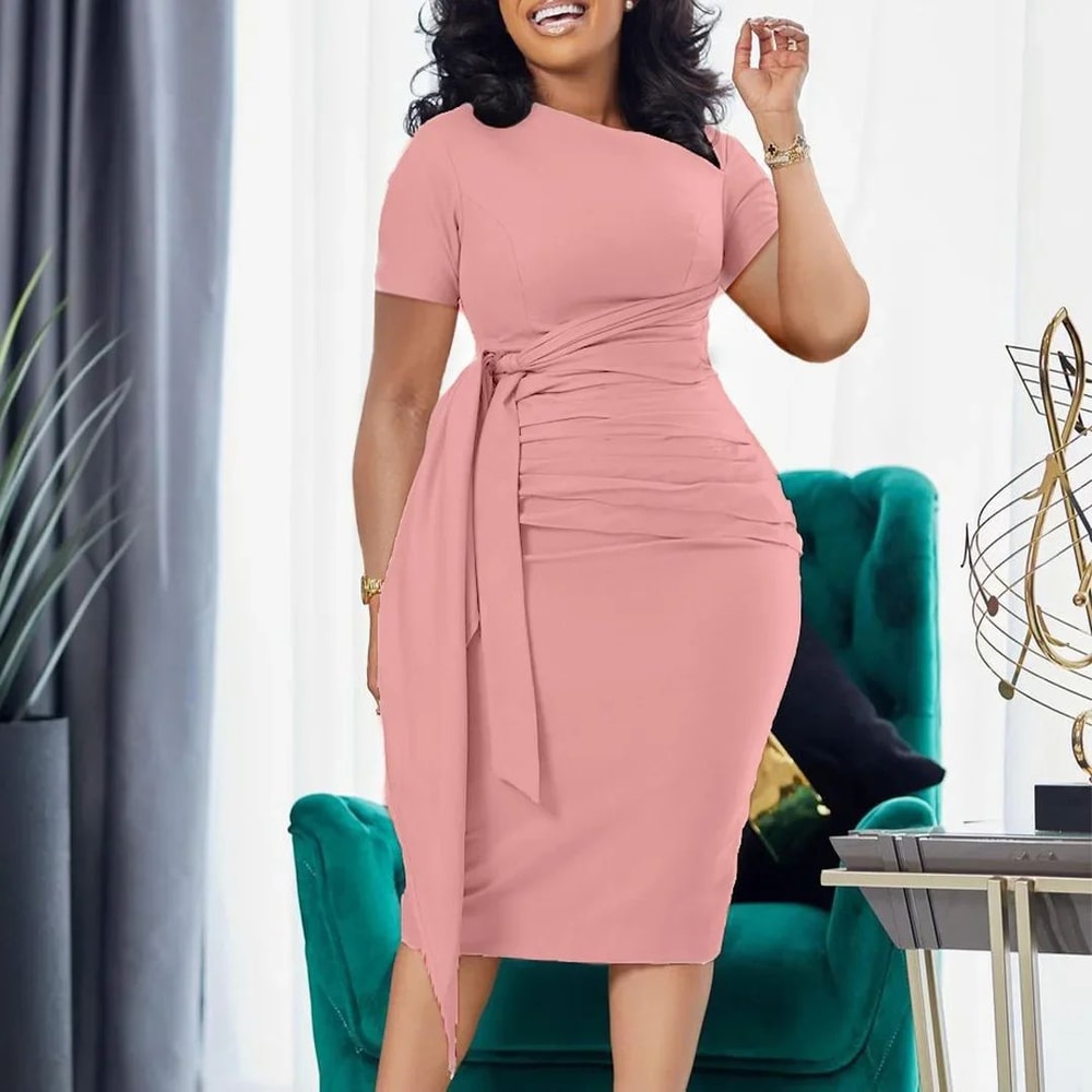 Womens Elegant Pencil Midi Dress Short Sleeve Cocktail Party Dress With Belt 1