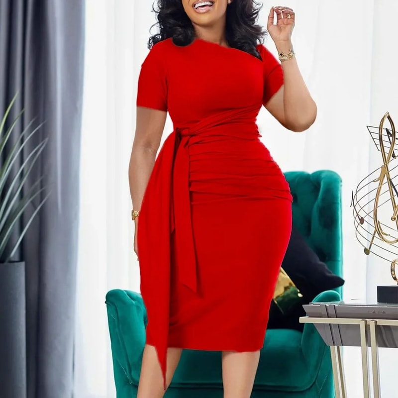 Womens Elegant Pencil Midi Dress Short Sleeve Cocktail Party Dress With Belt 2