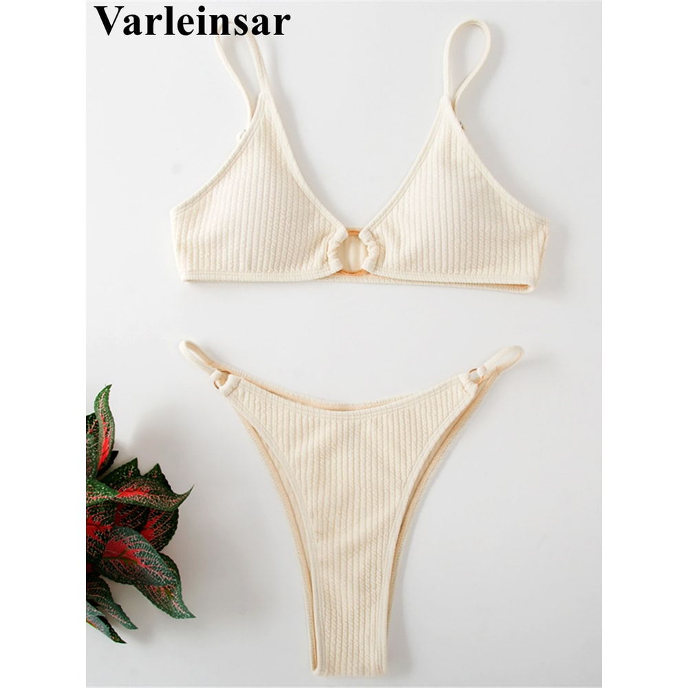 Riviera Chic Ribbed Bikini Set With Metal Ring Detail And High Cut Bottom 0