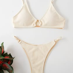 riviera chic ribbed bikini set with metal ring detail and high cut bottom