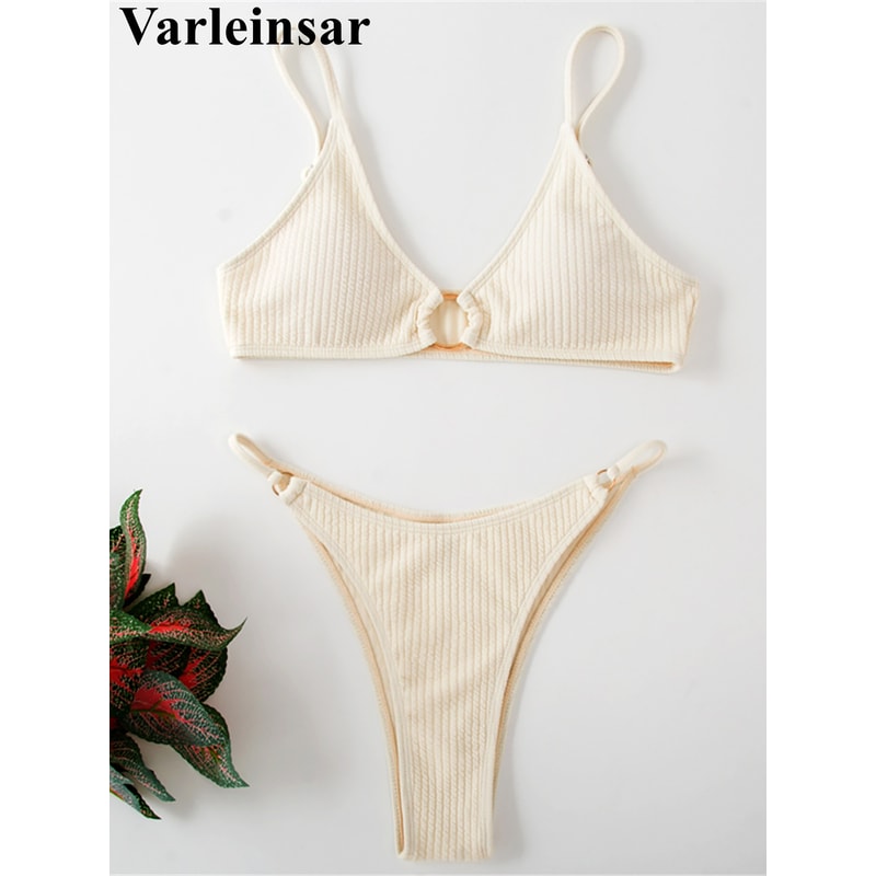 Riviera Chic Ribbed Bikini Set With Metal Ring Detail And High Cut Bottom 0