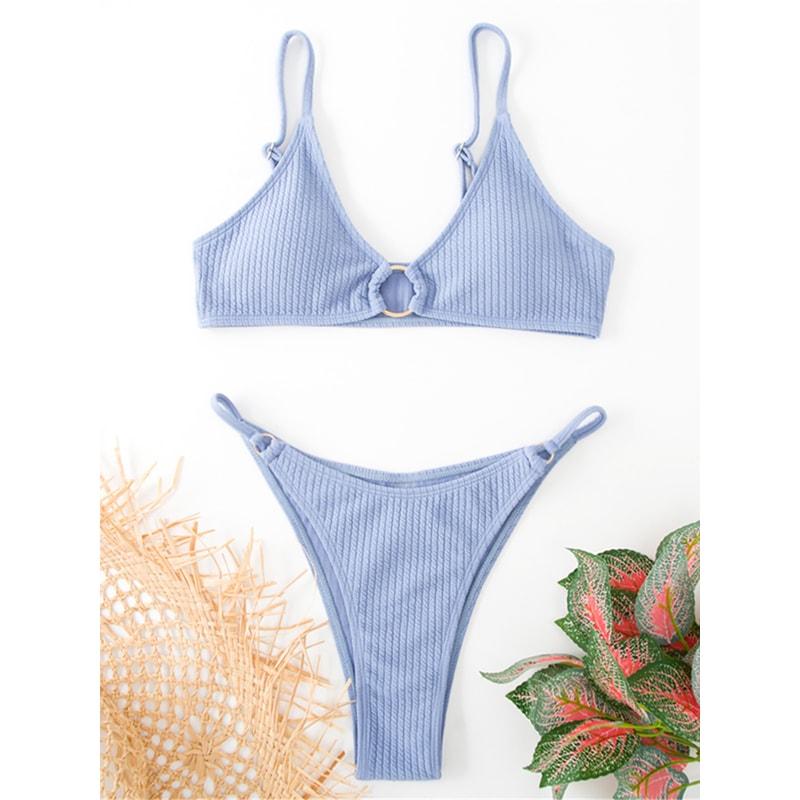 Riviera Chic Ribbed Bikini Set With Metal Ring Detail And High Cut Bottom 4