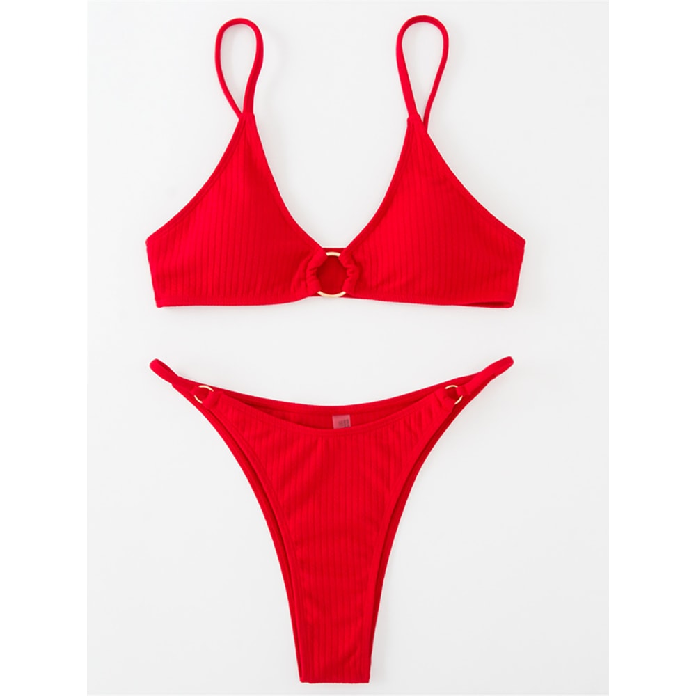Riviera Chic Ribbed Bikini Set With Metal Ring Detail And High Cut Bottom 5