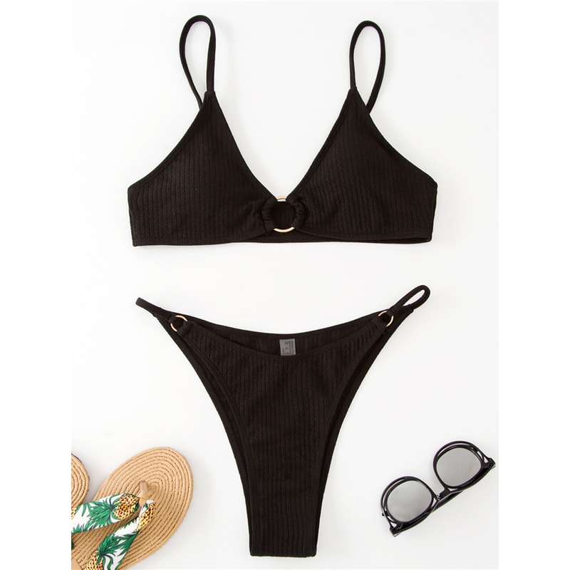 Riviera Chic Ribbed Bikini Set With Metal Ring Detail And High Cut Bottom 12