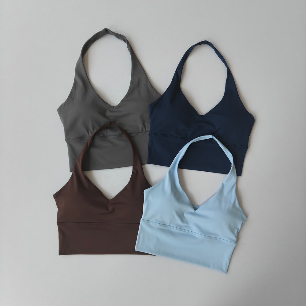 Women's V-Neck Halter Sports Bra with Push-Up & Removable Pads – Cross Back Workout Top