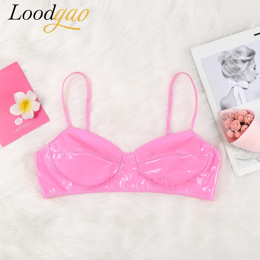 Wet Look Faux Leather Bralette – Wire-Free Sexy Lingerie Crop Top for Women