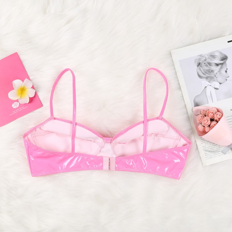 Wet Look Faux Leather Bralette – Wire-Free Sexy Lingerie Crop Top for Women