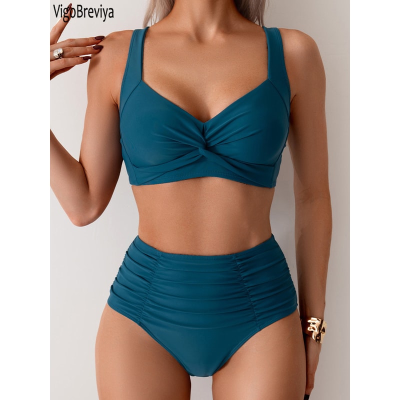 SunCurve Cross Strap High Waist Push Up Bikini Set For Women 2