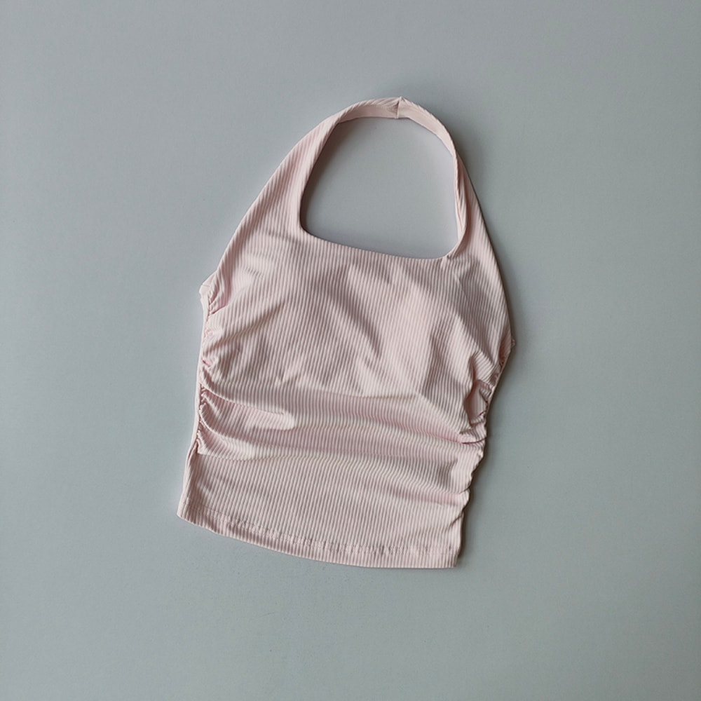 Seamless Ribbed Halter Top with Built In Bra Sports Crop Tank