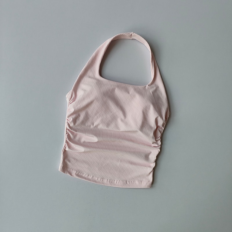 Seamless Ribbed Halter Top with Built In Bra Sports Crop Tank