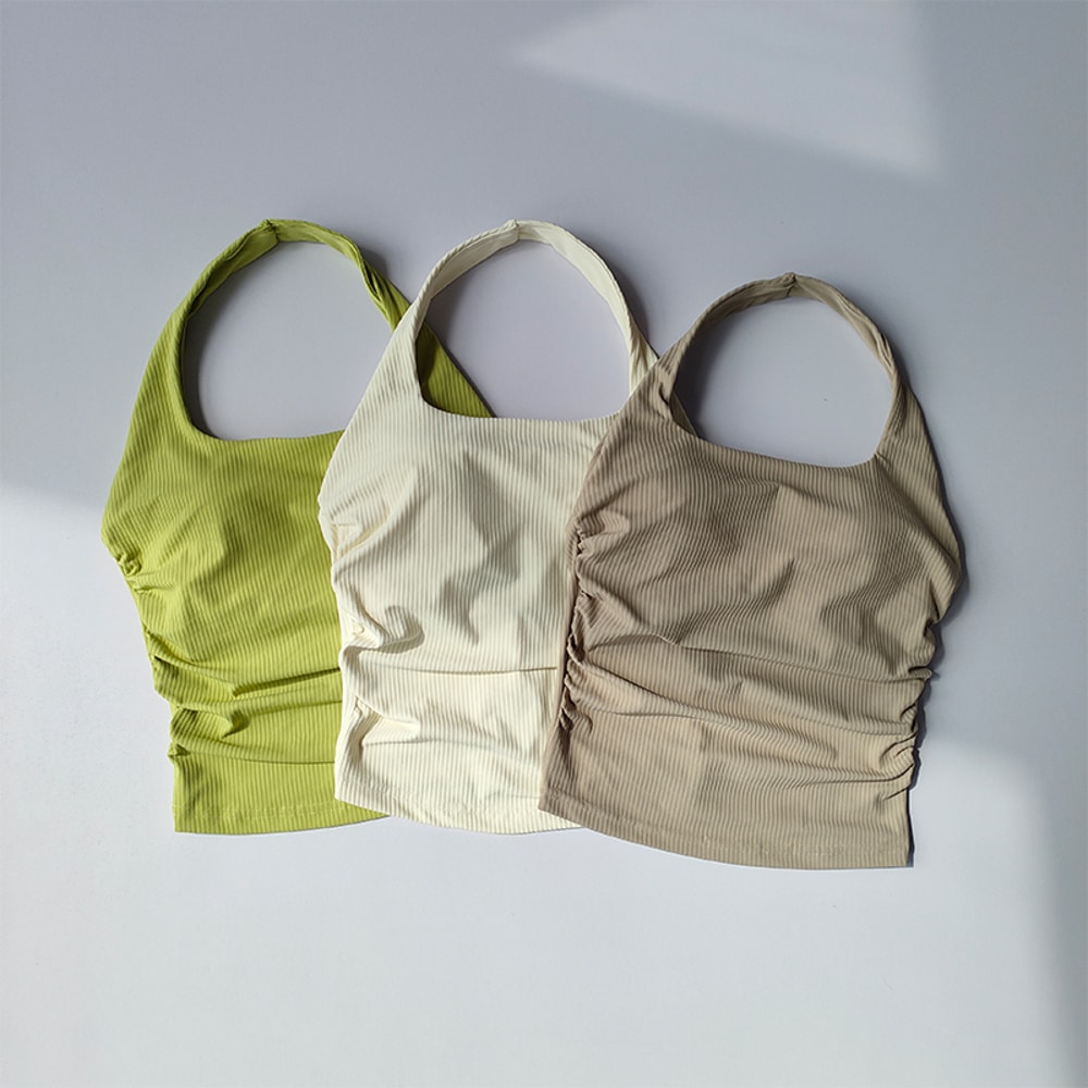Seamless Ribbed Halter Top with Built In Bra Sports Crop Tank