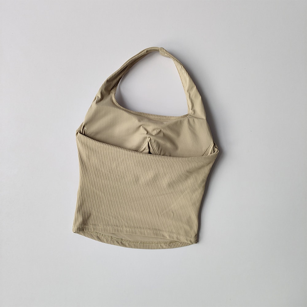 Seamless Ribbed Halter Top with Built In Bra Sports Crop Tank