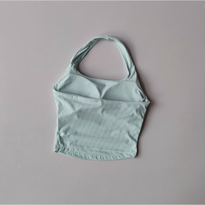 Seamless Ribbed Halter Top with Built In Bra Sports Crop Tank