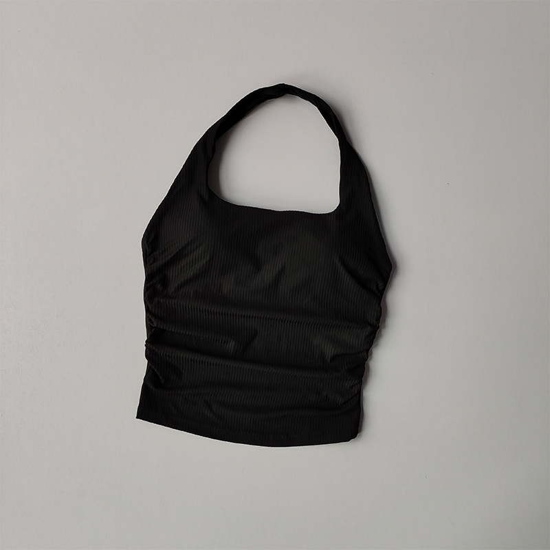 Seamless Ribbed Halter Top with Built In Bra Sports Crop Tank