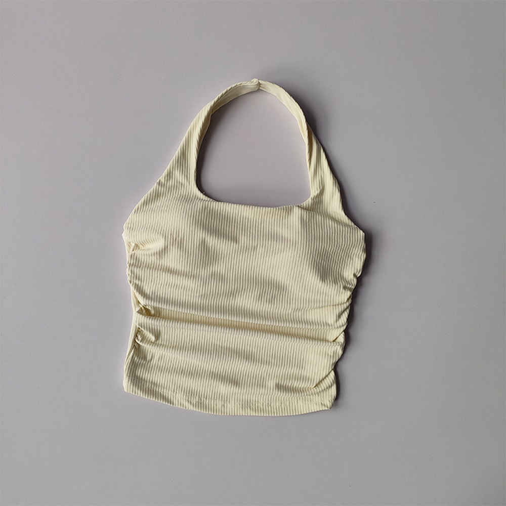 Seamless Ribbed Halter Top with Built In Bra Sports Crop Tank