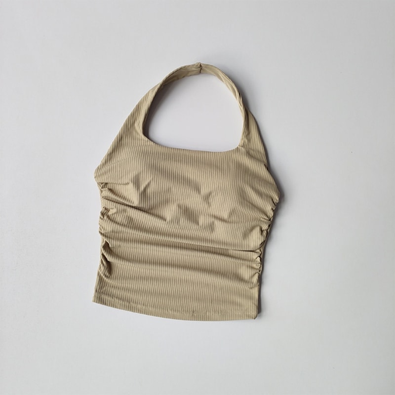 Seamless Ribbed Halter Top with Built In Bra Sports Crop Tank