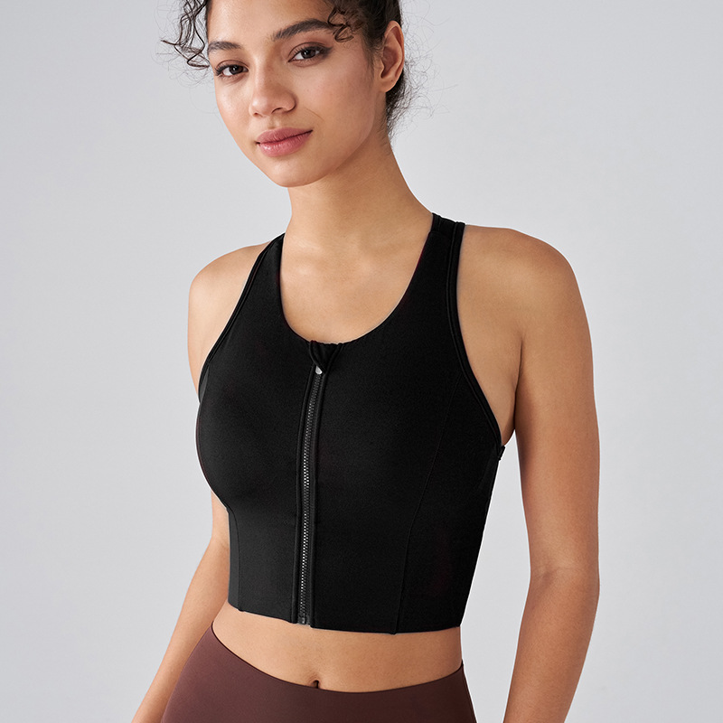 Zip Front Push Up Sports Bra with Built In Padding Shockproof Support for Yoga & Running