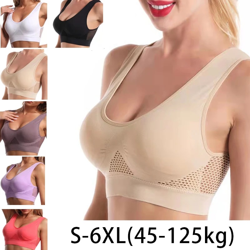 ComfortFlex Breathable Mesh Large Size Sports Bra Seamless Wire Free Support with Removable Chest Pad